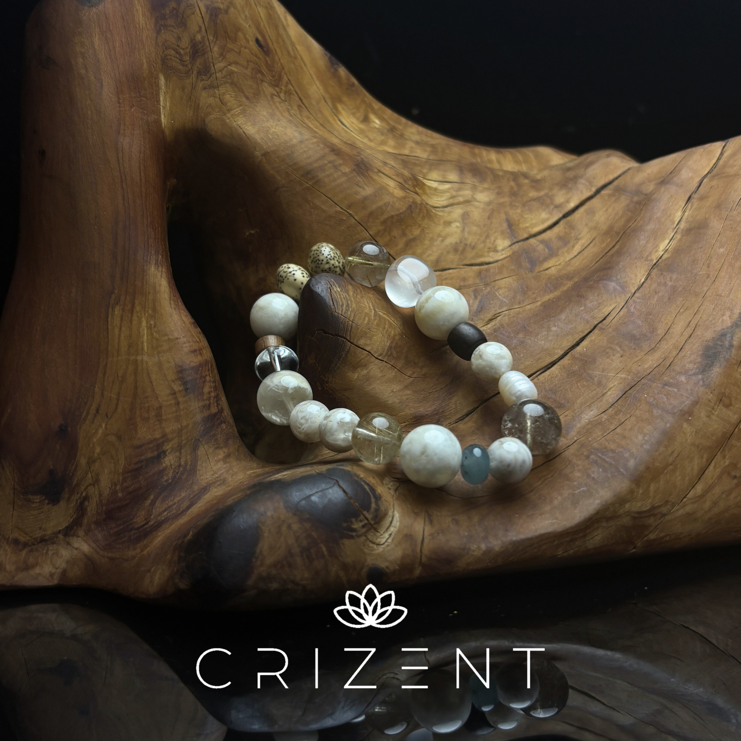 white/clear quartz mix bracelet with ebony, bodhi and golden rutile