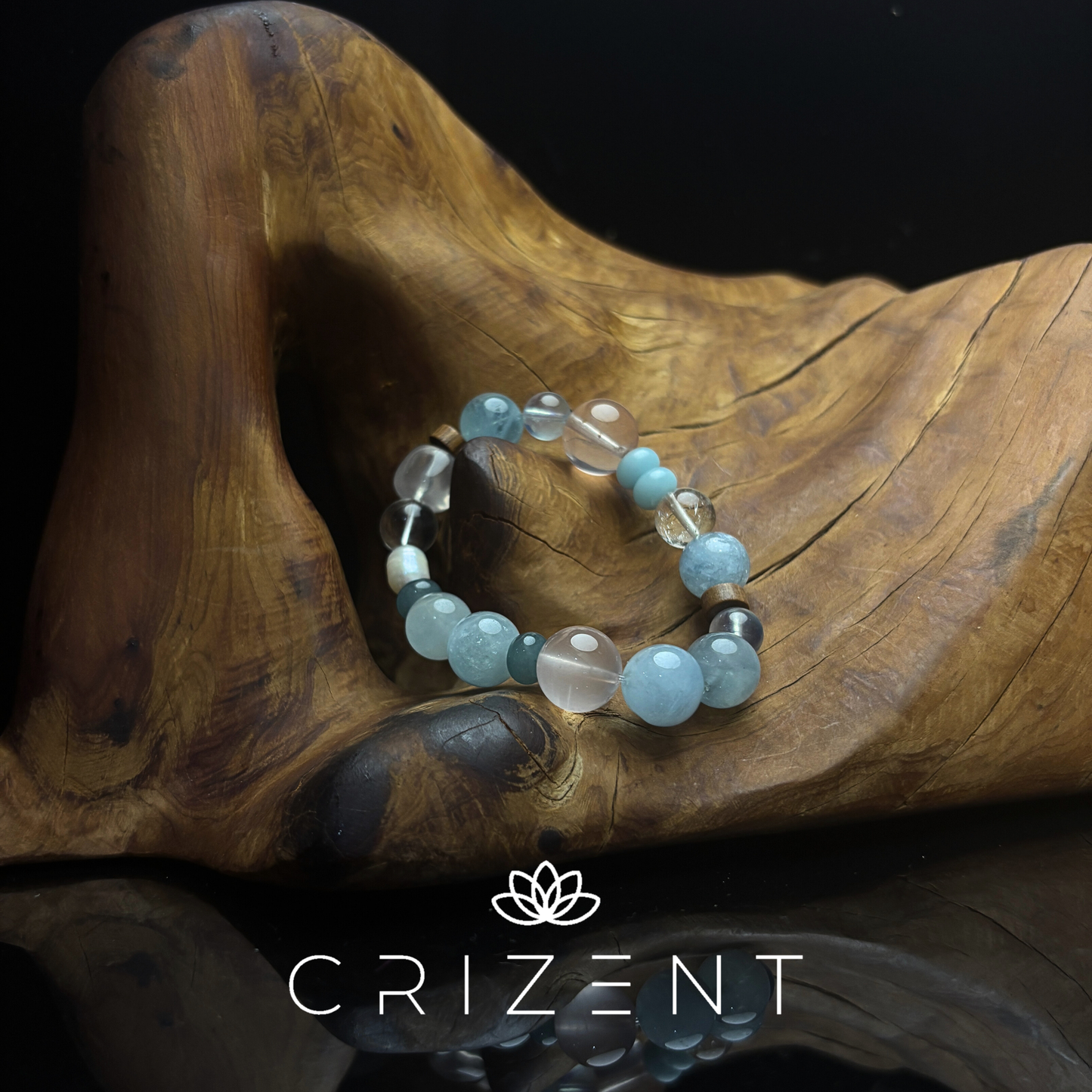 Aquamarine crystal bracelet, rose quartz, clear quartz; Water element; 8–14mm beads; inner 15cm