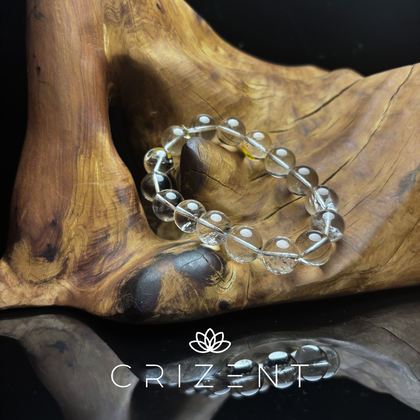 Clear quartz crystal bracelet, natural inner veils/inclusions; Metal element; 13mm beads; inner 18 cm