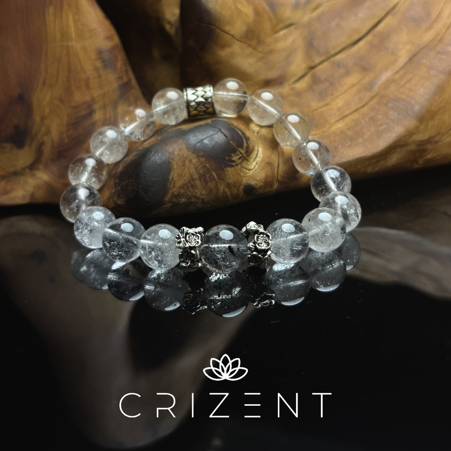 clear quartz & hypersthene 11mm bracelet with silver spacers