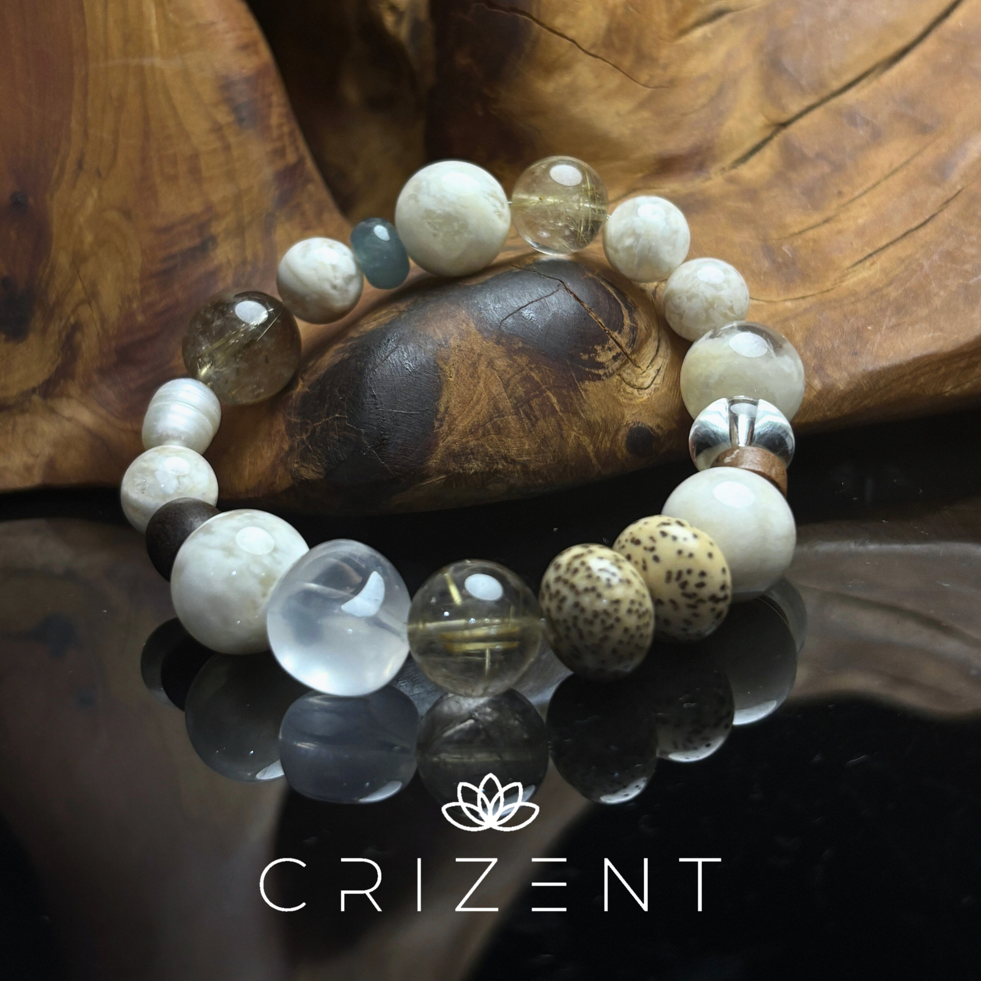 white/clear quartz mix bracelet with ebony, bodhi and golden rutile