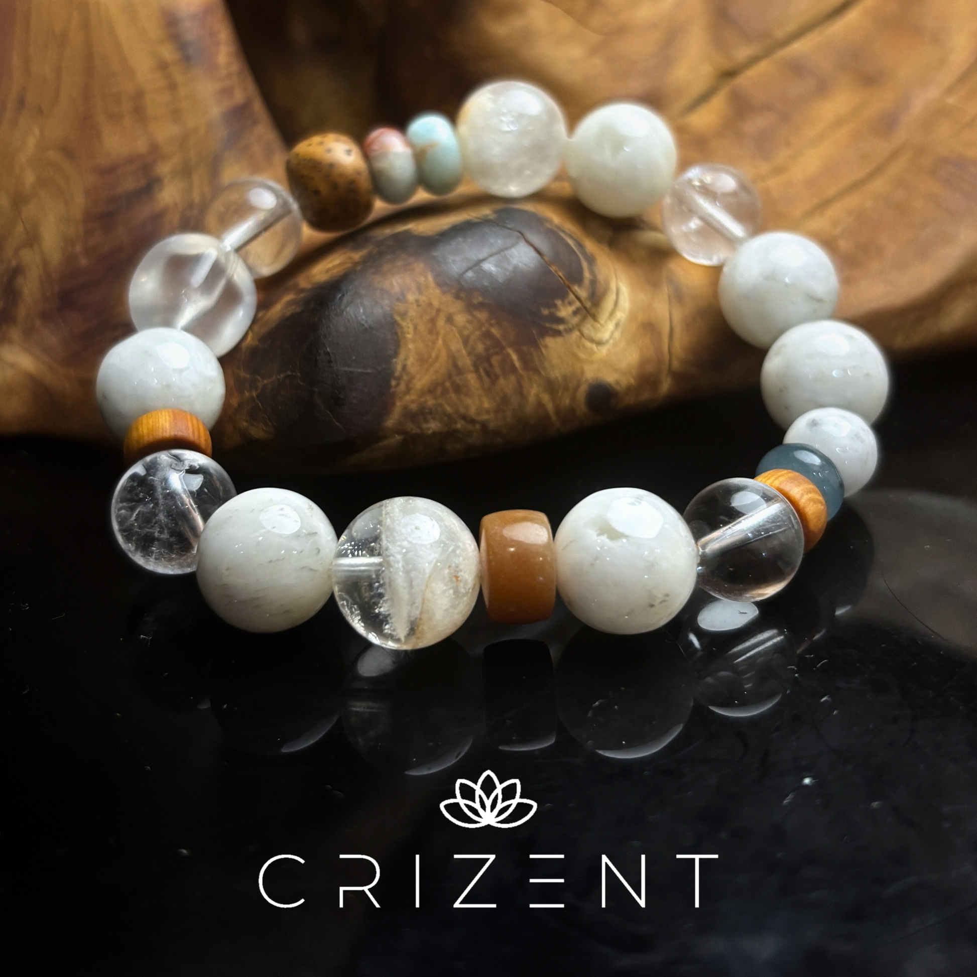 snow/white phantom & clear quartz bracelet with Shoushan and wood