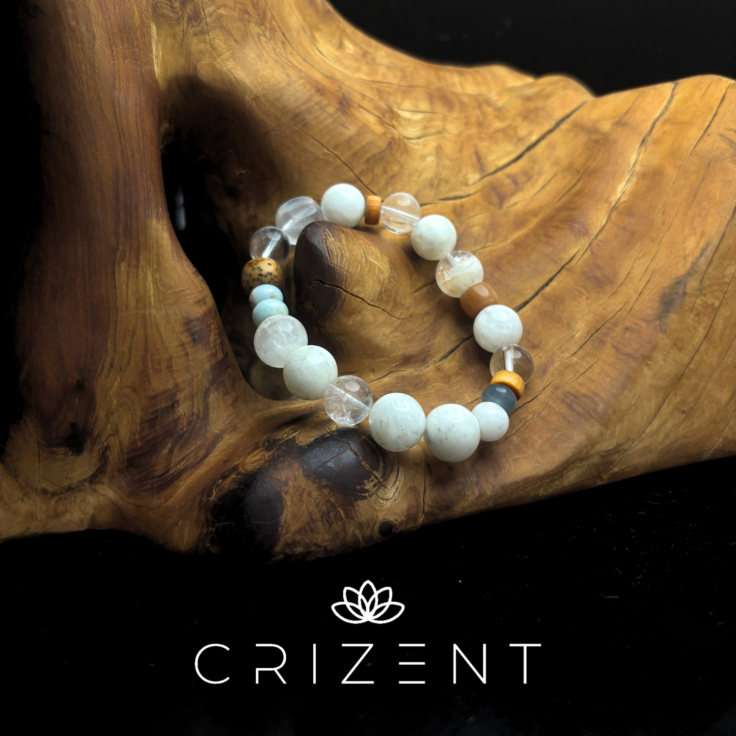 snow/white phantom & clear quartz bracelet with Shoushan and wood