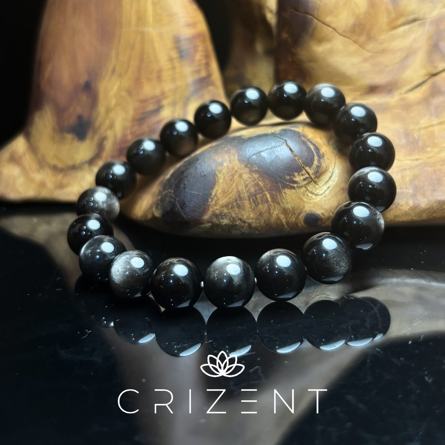 Silver sheen obsidian crystal bracelet; Water element; 10mm beads; inner 16cm