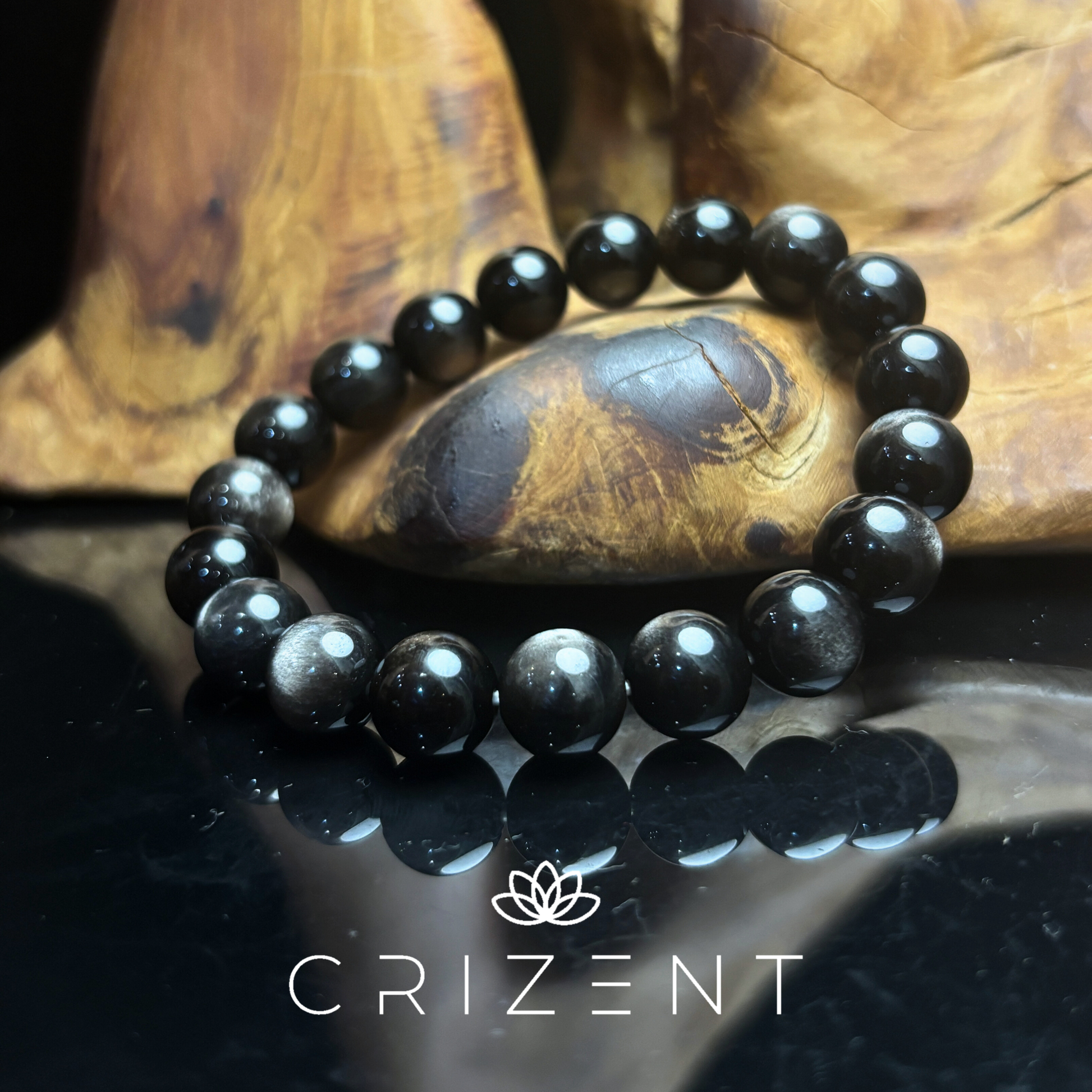 Silver sheen obsidian crystal bracelet; Water element; 10mm beads; inner 16cm