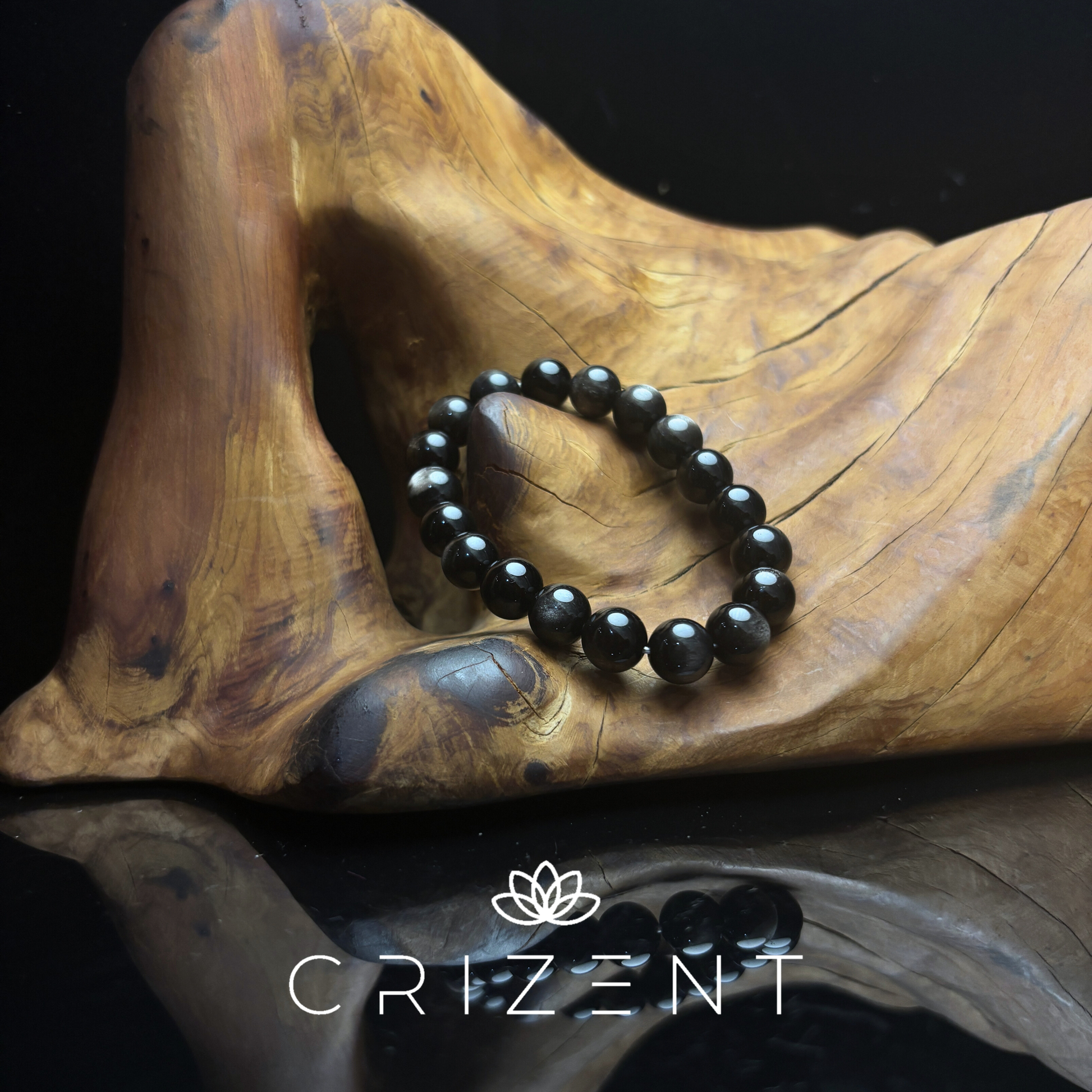 Silver sheen obsidian crystal bracelet; Water element; 10mm beads; inner 16cm