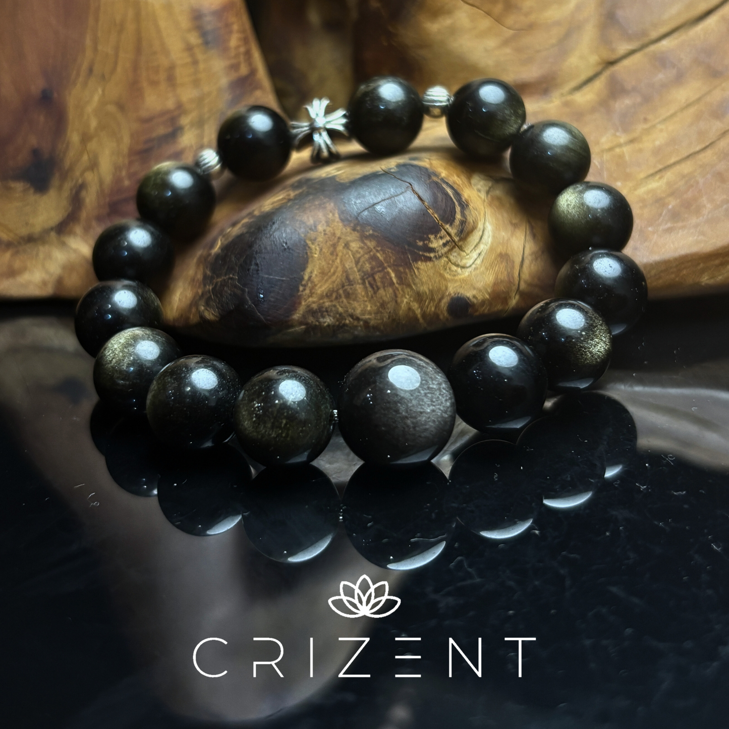 Golden sheen obsidian crystal bracelet, silver sheen obsidian; Water element; 12mm beads; inner 16cm