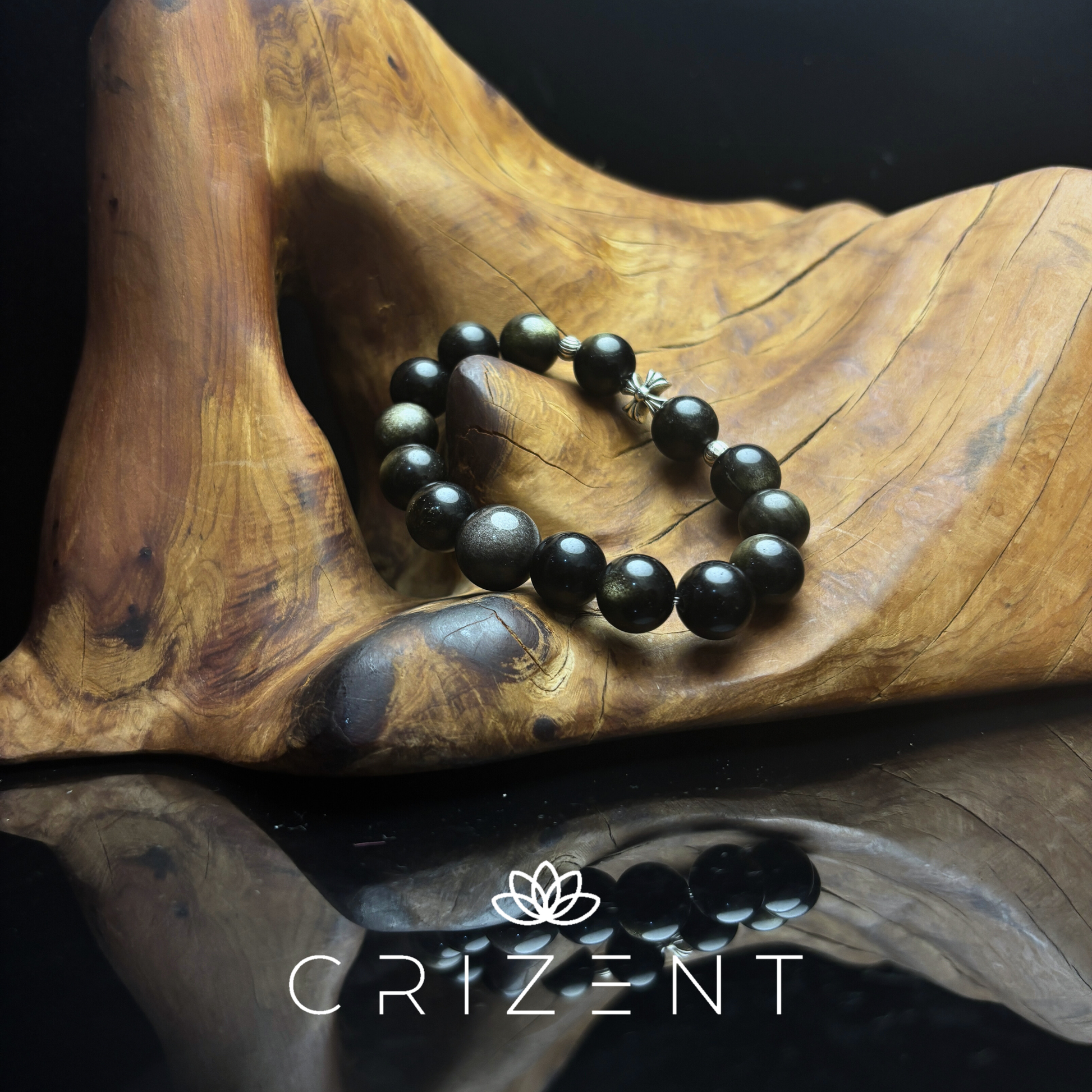 Golden sheen obsidian crystal bracelet, silver sheen obsidian; Water element; 12mm beads; inner 16cm