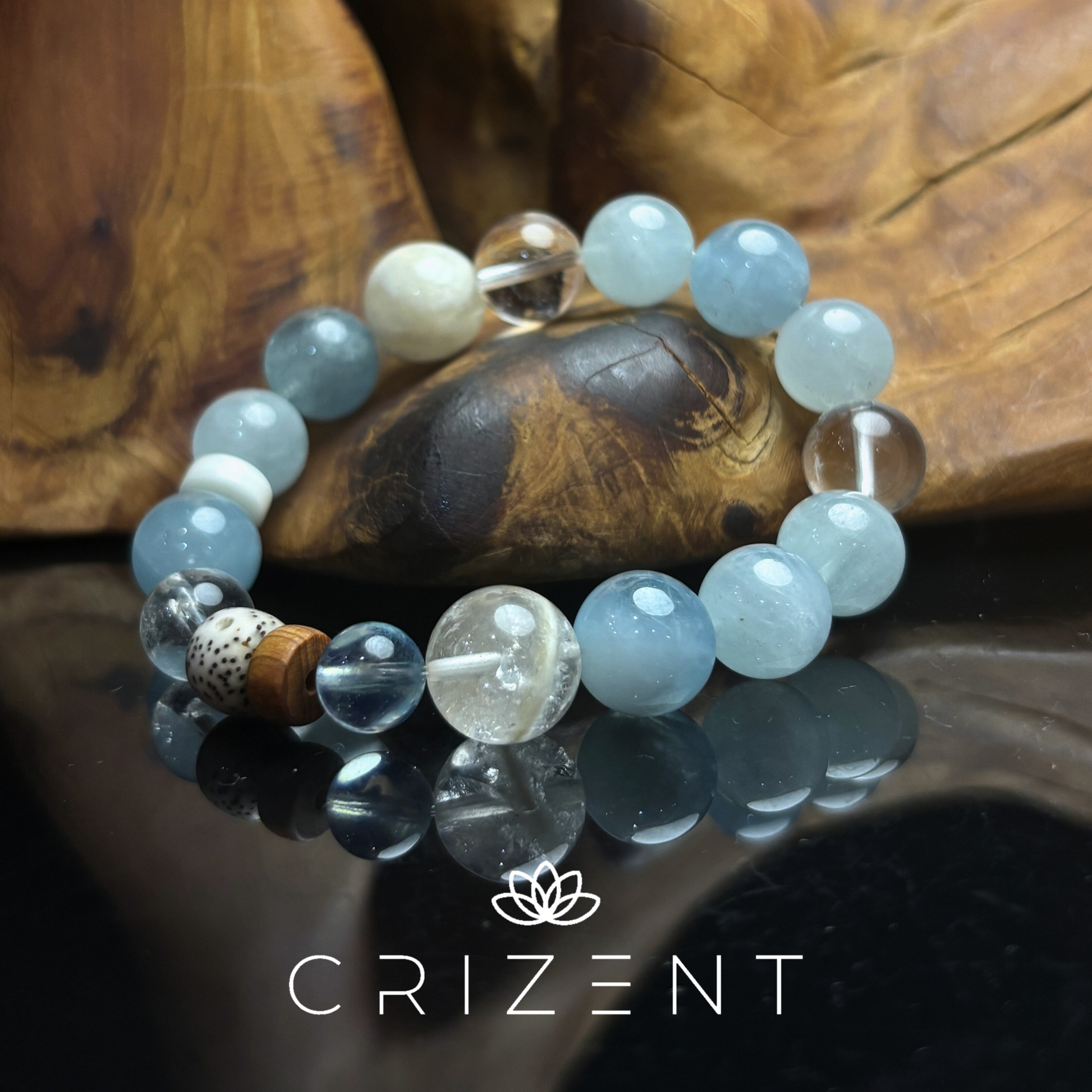 Aquamarine crystal bracelet, clear quartz, phantom quartz; Water element; 8–12mm beads; inner 15cm