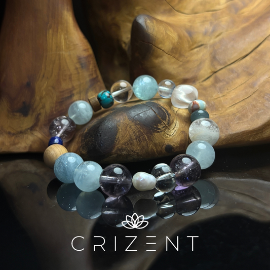 Aquamarine crystal bracelet, amethyst, lapis; Water element; 8–12mm beads; inner 15cm