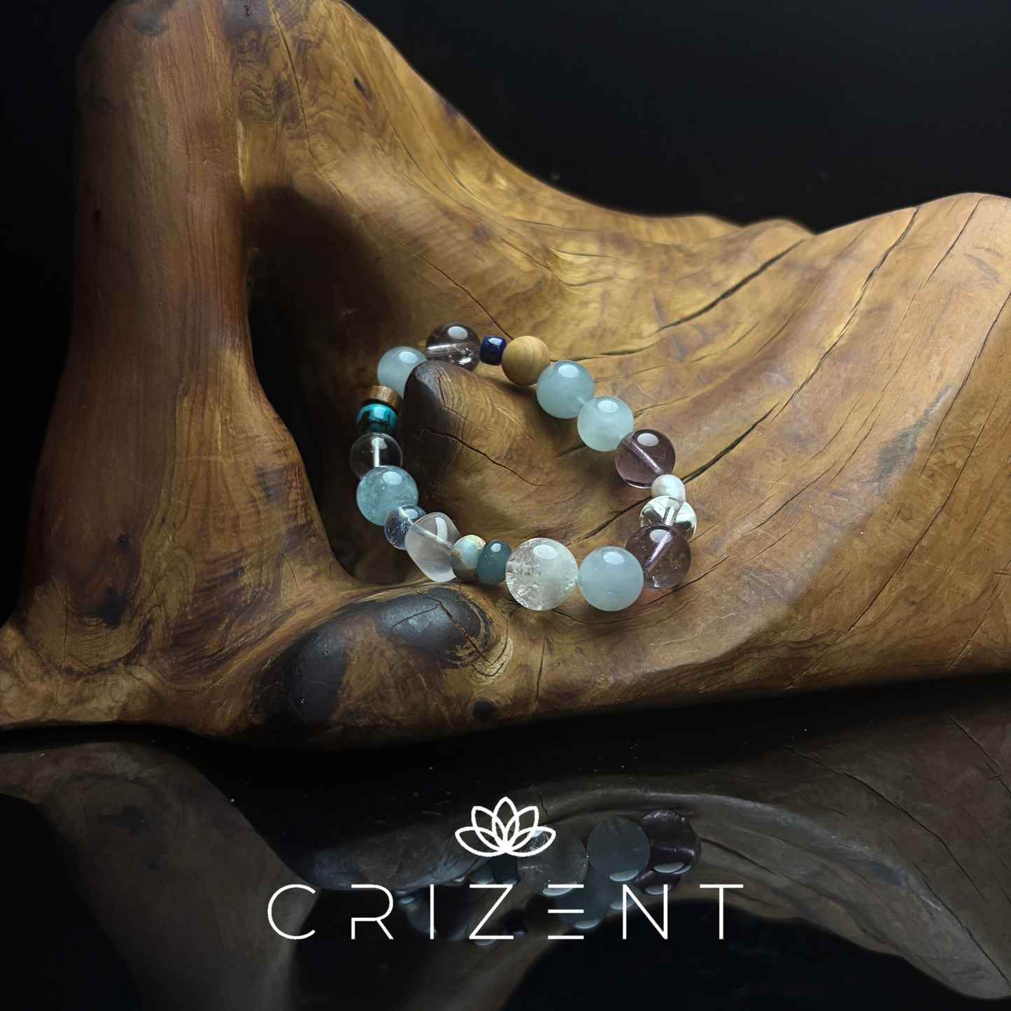 Aquamarine crystal bracelet, amethyst, lapis; Water element; 8–12mm beads; inner 15cm