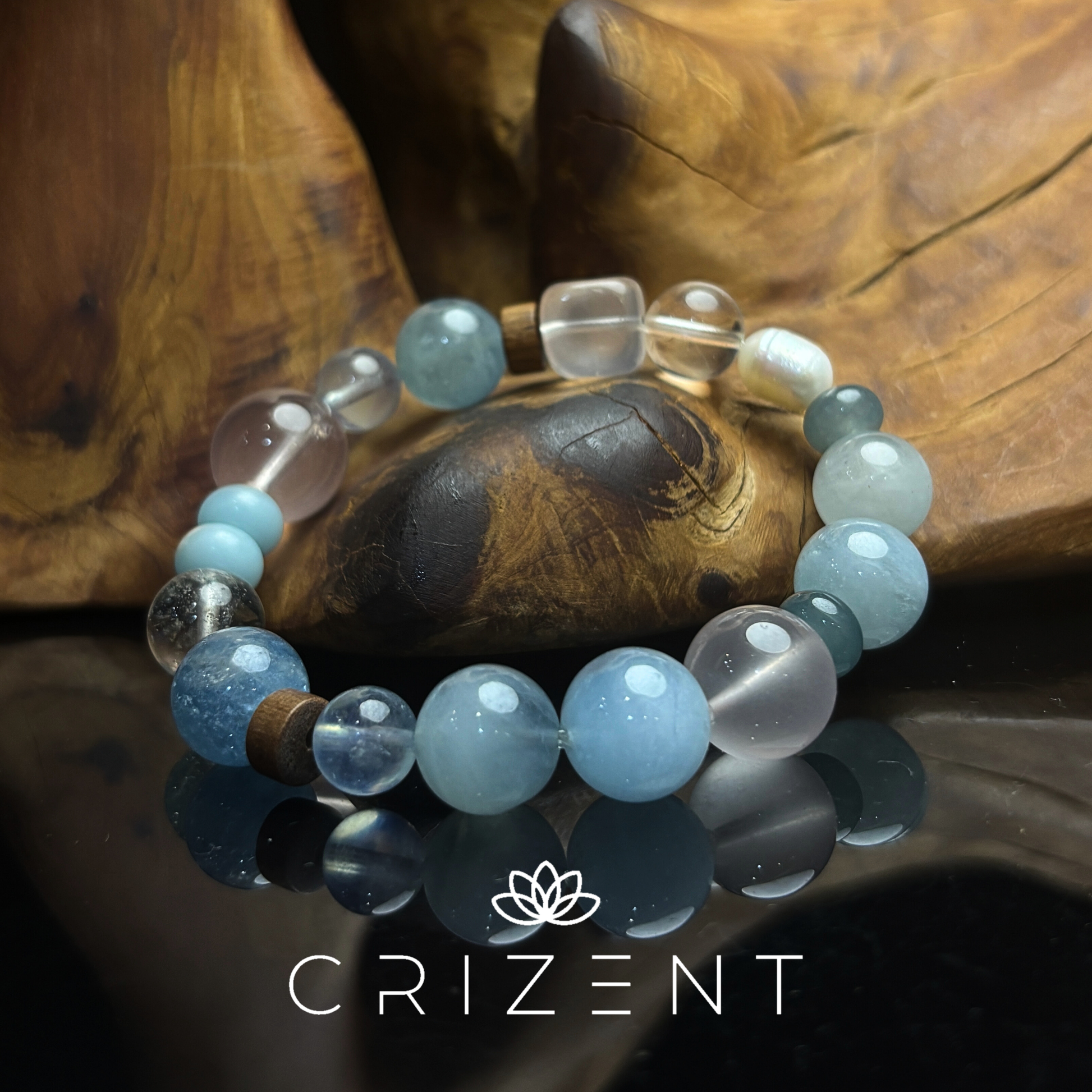 Aquamarine crystal bracelet, rose quartz, clear quartz; Water element; 8–14mm beads; inner 15cm