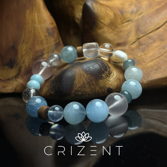 Aquamarine crystal bracelet, rose quartz, clear quartz; Water element; 8–14mm beads; inner 15cm