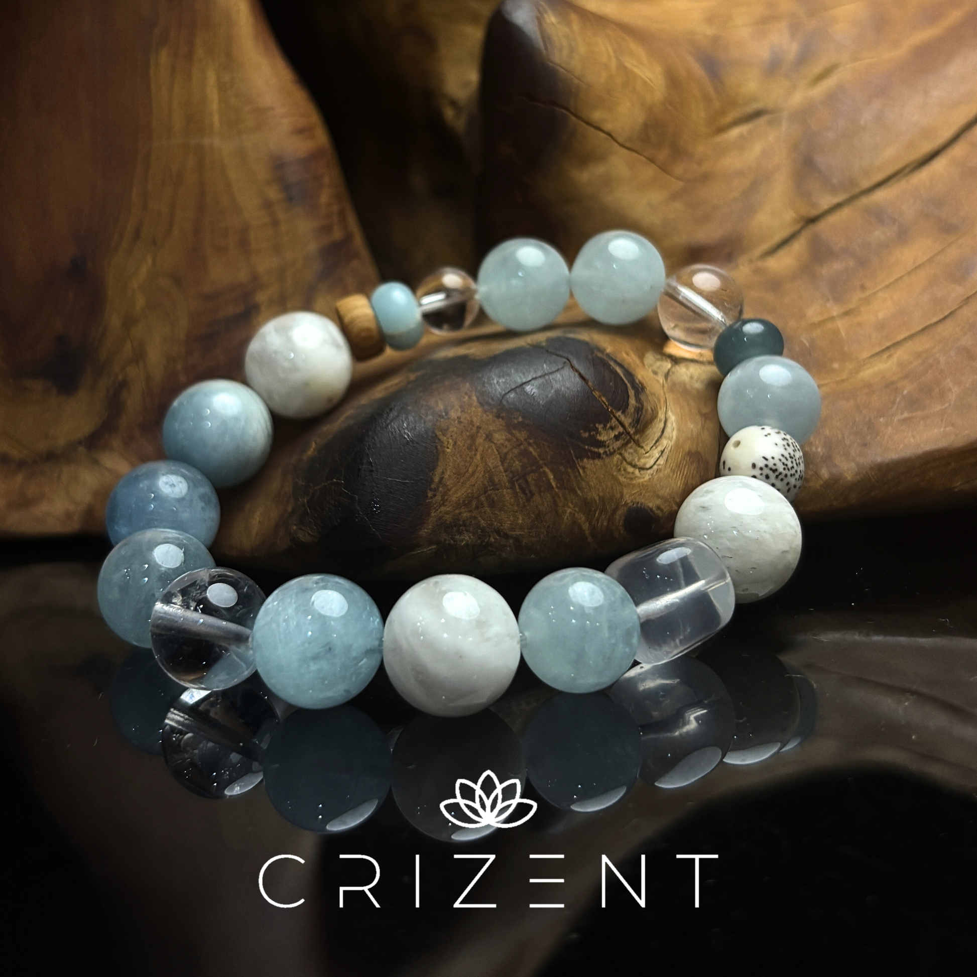 Aquamarine crystal bracelet, clear quartz; Water element; 8–12mm beads; inner 16cm