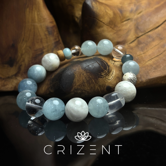 Aquamarine crystal bracelet, clear quartz; Water element; 8–12mm beads; inner 16cm