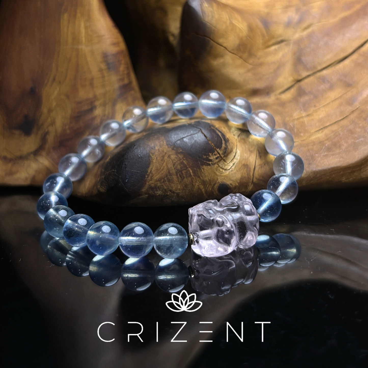 Aquamarine crystal bracelet, rose quartz; Water element; 9–11mm beads; inner 16cm