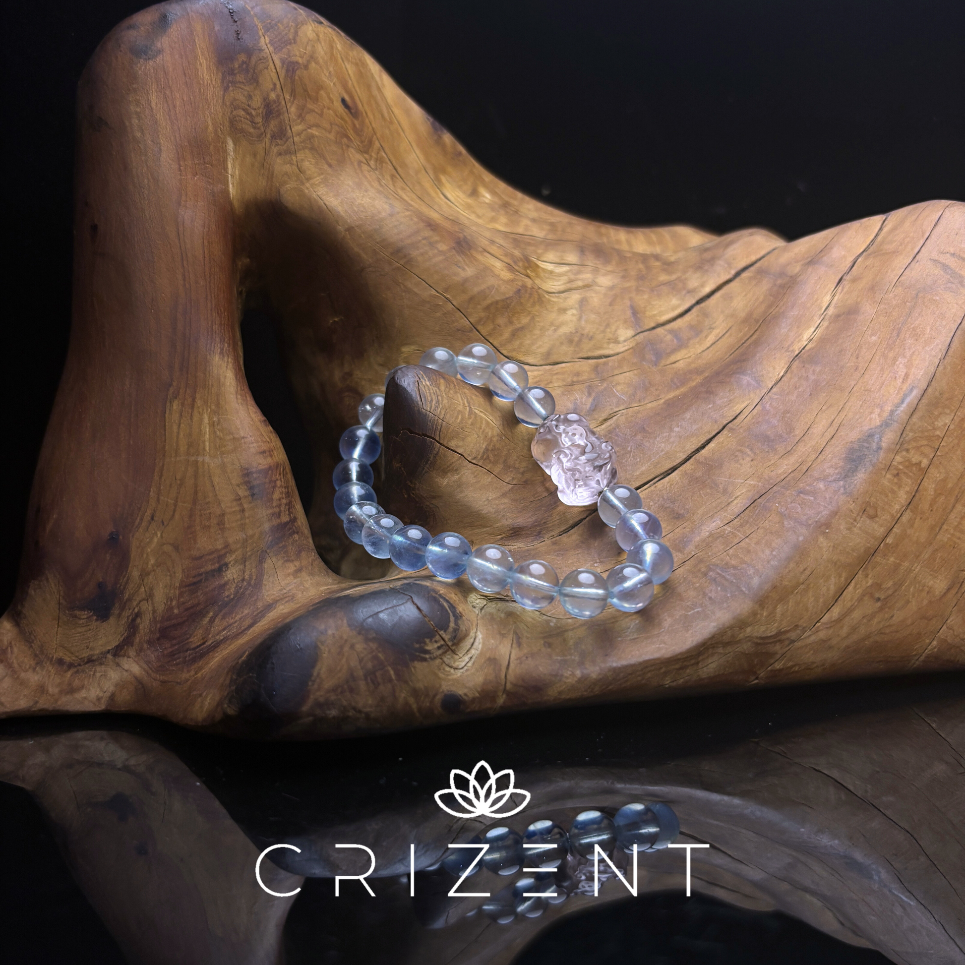 Aquamarine crystal bracelet, rose quartz; Water element; 9–11mm beads; inner 16cm