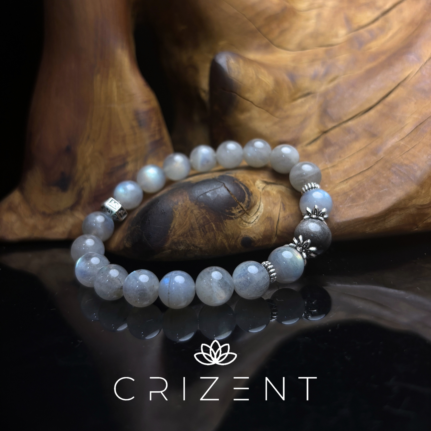 Gray moonstone crystal bracelet, silver sheen obsidian; Water element; 10mm beads; inner 17cm