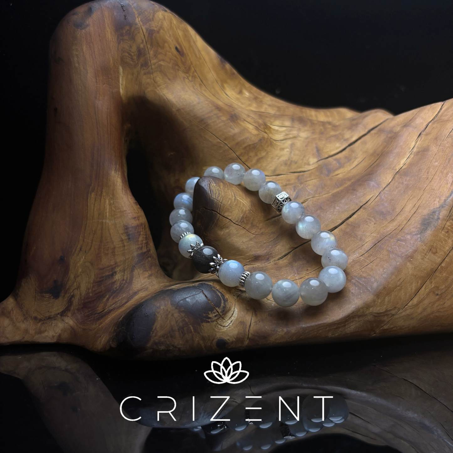 Gray moonstone crystal bracelet, silver sheen obsidian; Water element; 10mm beads; inner 17cm