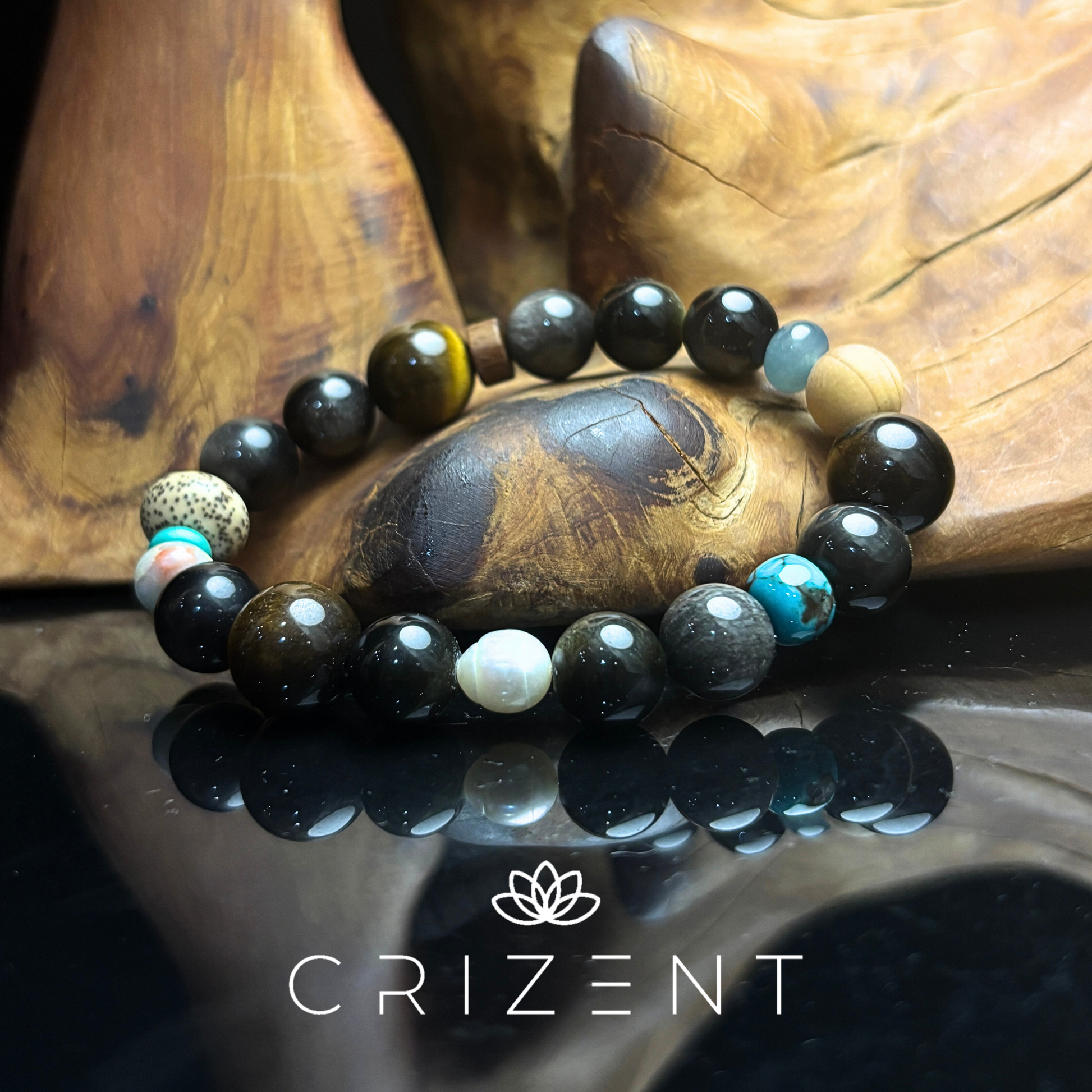 Silver sheen obsidian crystal bracelet, tiger's eye, turquoise; Water element; 7–12mm beads; inner 16cm