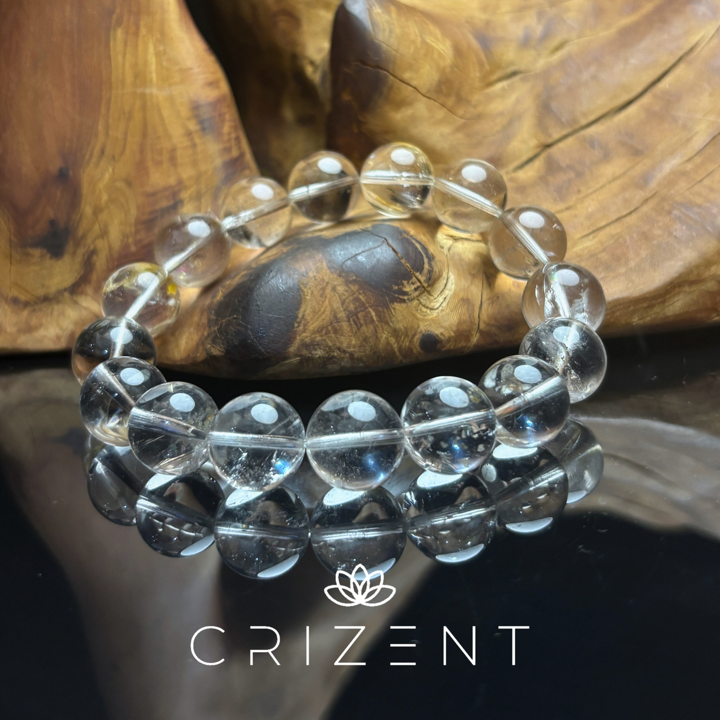 Clear quartz crystal bracelet, natural inner veils/inclusions; Metal element; 13mm beads; inner 18 cm