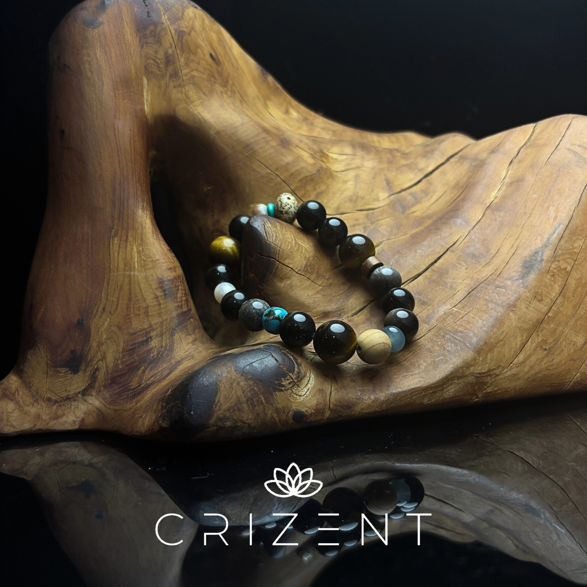 Silver sheen obsidian crystal bracelet, tiger's eye, turquoise; Water element; 7–12mm beads; inner 16cm