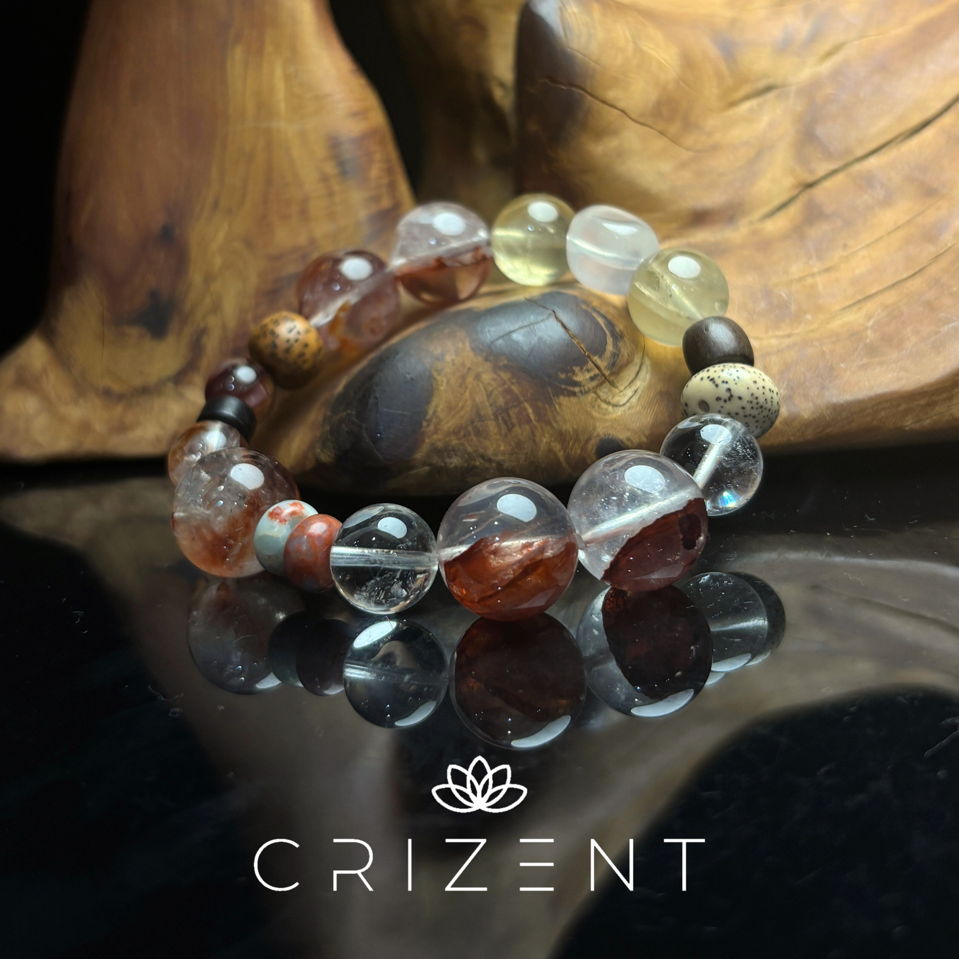 Ember Aura Mix Bracelet — Red Garden Quartz, Milky Quartz & Ebony 8–13mm (16 cm) | Fire element crystal bracelet | beads 8–13 mm | inner 16 cm